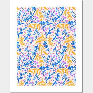 Botanicals and Dots - Hand drawn Design -  Orange, Blue, Pink Posters and Art